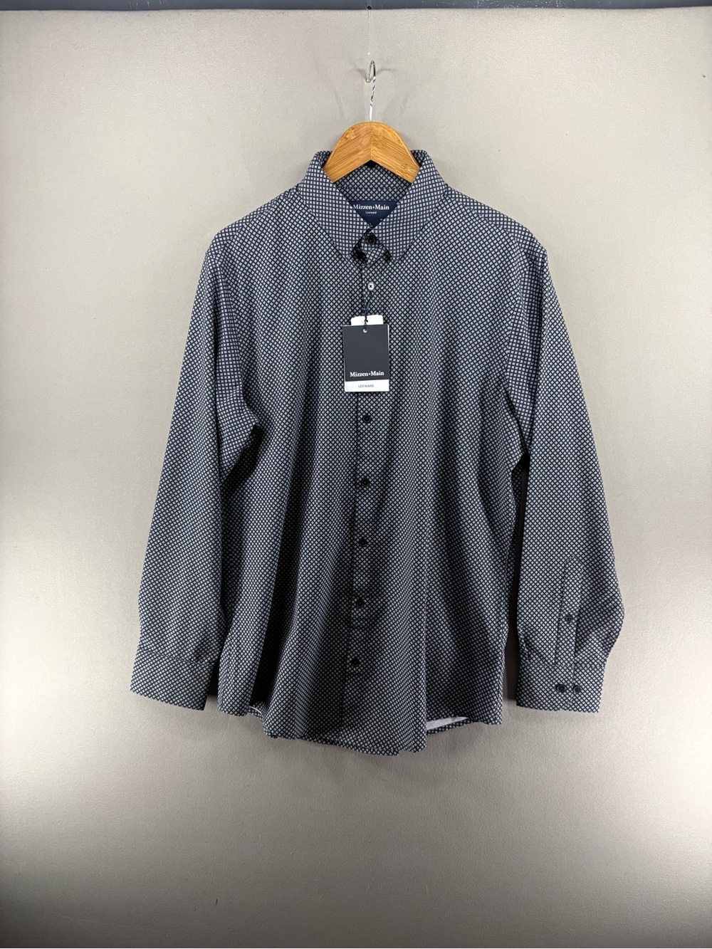 NWT Mizzen Main Leeward Long Sleeve Dress Shirt Navy Large Trim Stretch